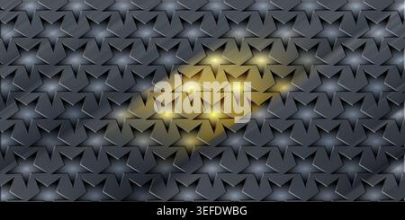 A dark, brushed metal surface covered in a repeating star pattern, highlighted by a soft, golden-yellow light emanating from the center. Stock Photo