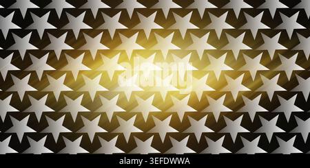 A seamless pattern of silver-toned stars arranged in a grid, set against a dramatic dark background with a bright, golden central light burst. Stock Photo