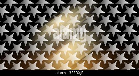 A repeating pattern of silver stars on a dark background, highlighted by a bright, diagonal golden light beam creating a luxurious and dynamic look. Stock Photo