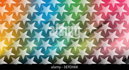 A vibrant, repeating pattern of white stars set against a smooth, multi-colored rainbow gradient background with light streaks. Stock Photo