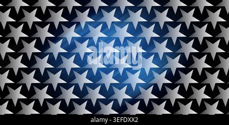 An abstract background featuring a repeating pattern of silver stars layered over a deep blue central spotlight effect, creating a metallic look. Stock Photo