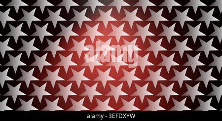 An abstract background featuring a repeating pattern of silver stars layered over a deep red central spotlight effect, creating a metallic look. Stock Photo