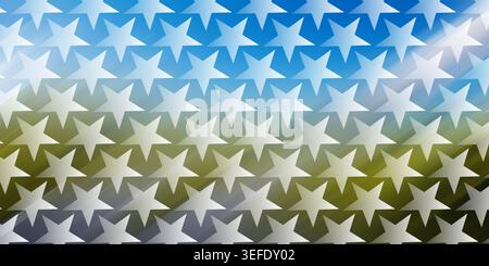 A seamless pattern of white stars arranged in a grid against a vibrant blue and olive green gradient background with subtle light streaks. Stock Photo