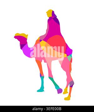A colorful camel with a man . Hand drawn. Not AI, vector illustration Stock Vector