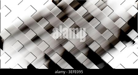 A dynamic abstract background featuring a grid of white and grey squares arranged diagonally, overlaid with streaks of motion-blurred black and white. Stock Photo