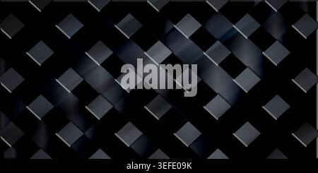 Dark abstract background featuring a repeating pattern of embossed dark grey square shapes, creating a subtle 3D geometric texture with a faint diagon Stock Photo