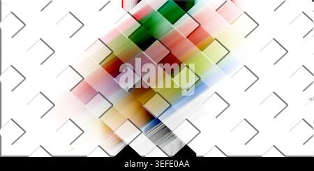Abstract background with a vibrant, diagonal band of blurred, colorful squares and rectangles, set against a white backdrop with subtle grey geometric Stock Photo