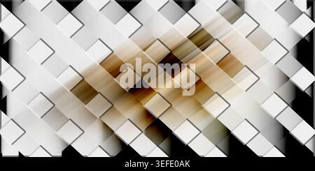 An abstract and geometric background showcasing a pattern of white and grey squares arranged diagonally, with warm brown and orange motion-blurred str Stock Photo
