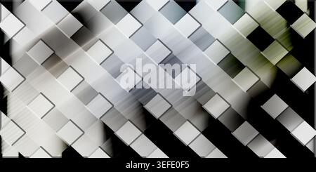 An abstract background composed of a repeating pattern of diagonal squares in shades of grey and silver, creating a sleek metallic aesthetic. Stock Photo