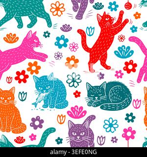 Seamless pattern with cats and flowers. Decorated cats with flowers, leaves, polka dots, designed for printing on paper, fabric, children's clothing Stock Vector