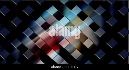 A dynamic abstract background with a diagonal square grid pattern, blending blue, red, and white light streaks against a dark, textured surface. Stock Photo