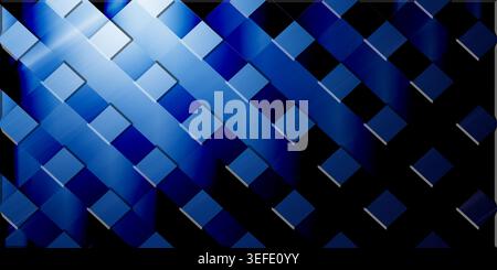 A dark, moody abstract background featuring a diagonal grid of deep blue metallic squares with a brushed texture and dramatic light streaks. Stock Photo