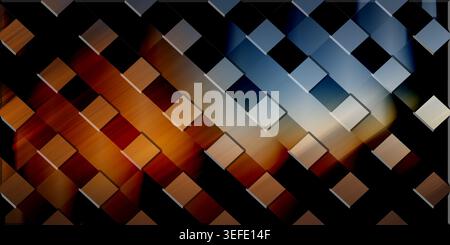 An abstract background composed of diagonal squares with a metallic finish, transitioning through warm orange, brown, and deep blue tones. Stock Photo