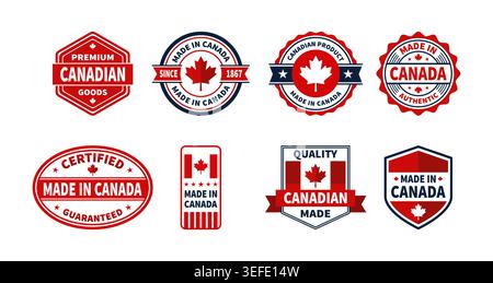 Set of Made in Canada Labels and Product Badges Premium Quality Canadian Product Icons Vector Collection for Manufacturing and National Identity Stock Vector
