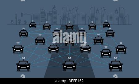 Connected Car Network in Smart City Vector Illustration Stock Vector