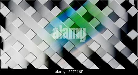 A digital abstract background consisting of a repeating square tile pattern intersected by vibrant green and blue light streaks with a motion blur eff Stock Photo