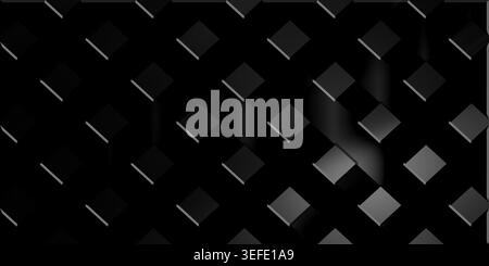 A sleek, minimalist abstract background featuring a repeating pattern of dark gray squares on a black surface, resembling a metallic or industrial tex Stock Photo