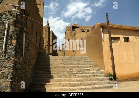 Stairs and Mud-Brick Buildings at Bait Al Safah Living History Museum and Abandoned Village Al Hamra Sultanate of Oman Stock Photo