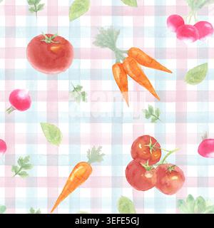 Hand painted watercolor seamless pattern with tomatoes, carrots, radishes and leaves on pastel gingham background. Cute vegetable illustration for fab Stock Photo
