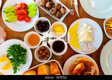 Composition with breakfast on the table. Halal breakfast Stock Photo