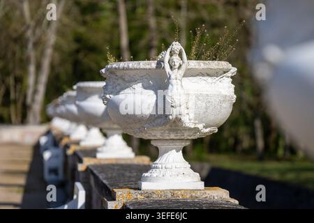 Planters are located in the formal gardens of the Château de Chenonceau in the Loire Valley of France Stock Photo
