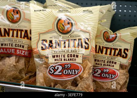 Santitas Tortilla Chips Snack Products Displayed On Shelf At Grocery Store With Branding And Packaging Stock Photo