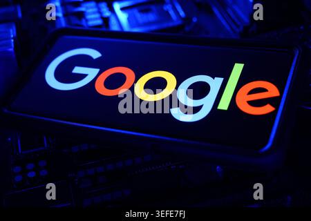 Google Technology Company Logo Displayed On Digital Screen With Artificial Intelligence And Financial Stock Market Performance Background Stock Photo