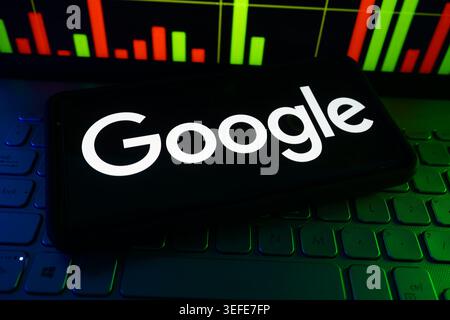 Google Technology Company Logo Displayed On Digital Screen With Artificial Intelligence And Financial Stock Market Performance Background Stock Photo