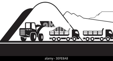 Earth mover loading dump trucks for different industries - vector illustration Stock Vector