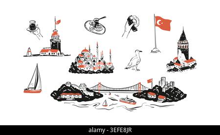 Set of Turkish historical buildings and landmarks. Istanbul Bosphorus bridge panorama. Sultanahmet hand drawn mosque. Sketch doodle vector drawing ill Stock Vector