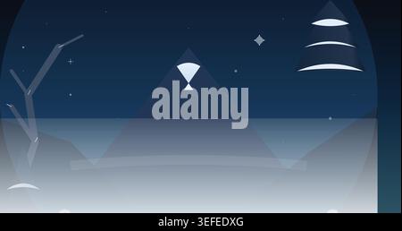 Minimalist winter night landscape with abstract mountain and pine trees. Stock Vector
