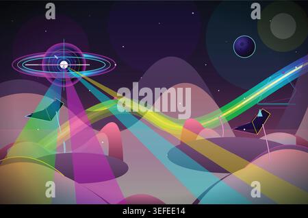 Abstract futuristic space landscape with geometric shapes and laser beams. Stock Vector