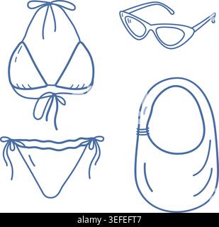 Minimal outline vector set with bikini, sunglasses and beach bag in clean Mediterranean sketch style. Vector illustration suitable for branding, labels, promo material, sticker, icon or package design Stock Vector