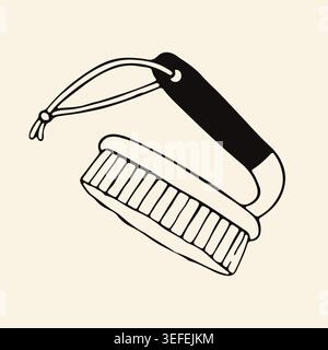 Hand drawn vector illustration of a garment brush with a handle and hanging cord. Minimalist laundry accessory icon in a simple doodle style for Stock Vector