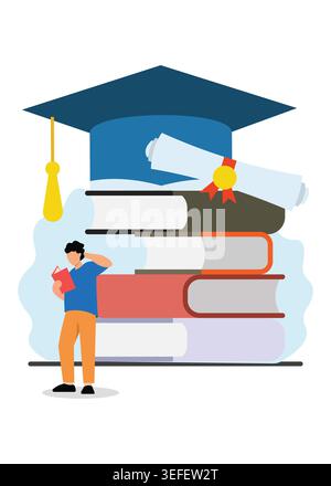 Flat vector illustration featuring stacked books, graduation cap, diploma certificate, and student for education and academic success concepts. Stock Vector