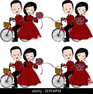 A vector illustration of a Chinese couple wearing traditional Chinese wedding attire, riding on a cute bicycle. Stock Vector