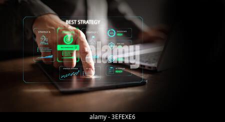 A man using tablet to select the best strategy on dashboard. Recommended options, target goals, success rates, low risk scenarios, goal alignment, act Stock Photo