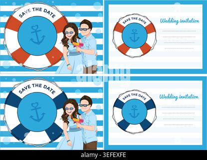 Wedding invitation card with couple cartoon playing soap bubble gun in blue sea theme. Stock Vector