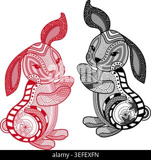 Two cute rabbits in hand drawn line art, decorated with black and red, standing upright facing each other, Chinese zodiac symbol, isolated. Stock Vector