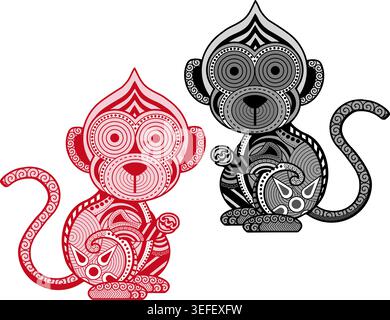 Two stylized monkey illustrations representing the Chinese zodiac sign. Both designs exhibit stylized details, such as feather motifs and decorative. Stock Vector