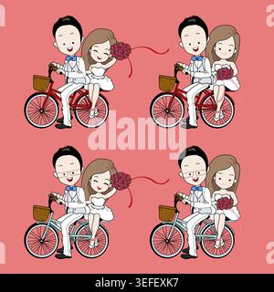 Cartoon illustration of a couple in wedding attire riding bicycles. The design is repeated in four identical quadrants. Stock Vector