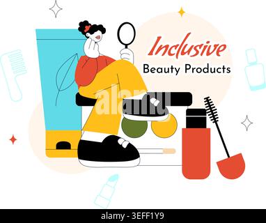 Inclusive Beauty Products Vector Illustration Featuring Diverse Makeup Essentials, Skincare Cosmetics and Self Care Lifestyle Design Stock Vector