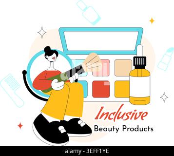 Inclusive Beauty Products Vector Illustration Featuring Diverse Makeup Essentials, Skincare Cosmetics and Self Care Lifestyle Design Stock Vector