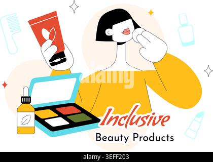 Inclusive Beauty Products Vector Illustration Featuring Diverse Makeup Essentials, Skincare Cosmetics and Self Care Lifestyle Design Stock Vector