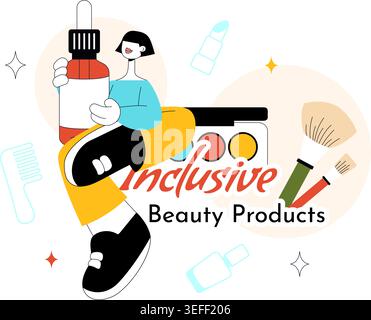 Inclusive Beauty Products Vector Illustration Featuring Diverse Makeup Essentials, Skincare Cosmetics and Self Care Lifestyle Design Stock Vector