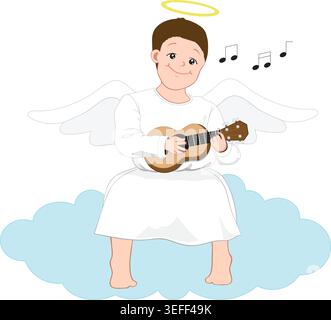 Cartoon angel illustration with brown hair and a white robe, seated on a blue cloud. Stock Vector