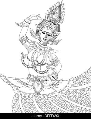Traditional Thai dancer line art illustration with intricate ornaments. Features precise lines, cultural motifs, and scales. Stock Vector