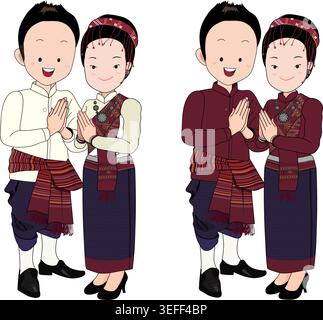 A Thai bride and groom vector cartoon image of a couple, dressed in traditional northeastern Thai wedding attire. Stock Vector
