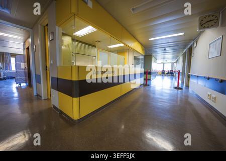 Reception area with yellow reception in a hospital corridor, Nagold Hospital of the Southwest Clinic Network, Calw district, Germany Stock Photo