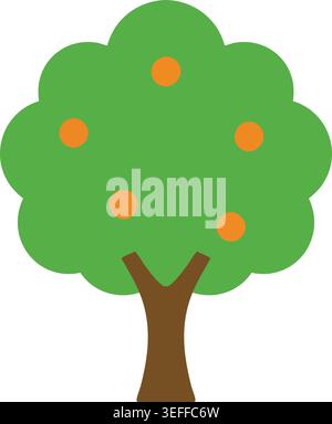 Simple illustration of a round green apple tree with a brown trunk and small orange fruits across the canopy. Stock Vector